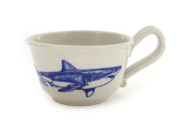 Handmade stoneware chowder mug with an original illustration of a Great White Shark