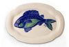 Large, oval shaped serving platter decorated with our classic cobalt blue and sea green hand painted fish design.