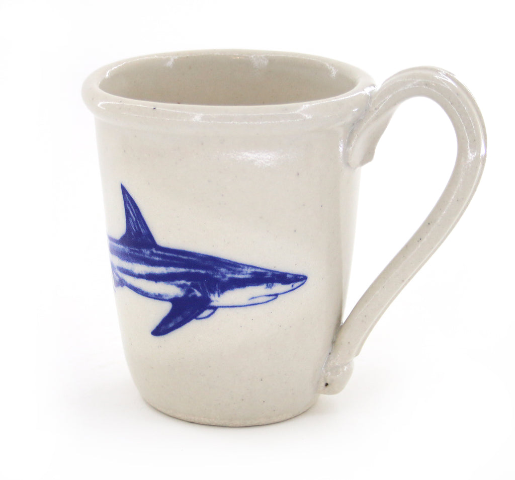 Handmade stoneware shark coffee mug with original artwork of a Thresher Shark in profile