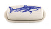 Great White Shark butter dish made from stoneware, featuring a hand drawn great white shark on the top -- 3/4 view.