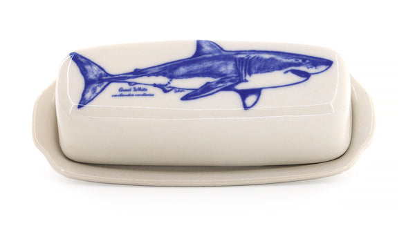 Great White Shark butter dish made from stoneware, featuring a hand drawn great white shark on the top -- 3/4 view.