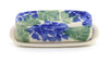 Stoneware Hydrangea butter dish featuring a hand painted pattern of cobalt blue flowers and subtle green leaves--3/4 view