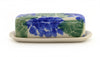 Stoneware Hydrangea butter dish featuring a hand painted pattern of cobalt blue flowers and subtle green leaves--side view