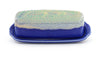 Stoneware butter dish featuring a Sea Foam Blue glaze which presents as a white speckled wash over cobalt blue--3/4 view